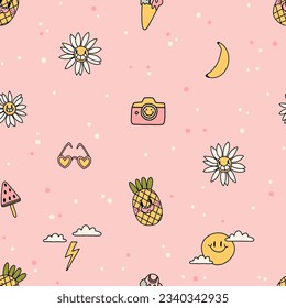 Groovy hell und lustig Sommer nahtlose Muster im Retro-Stil. Frische, rosa gelbe Farben und lustige Sommerjugendelemente. Vintage Trendvibe für Ihre Packpapier-, Textil-, Kleiderdesign-Kollektion