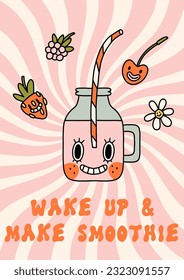 Groovy bright retro summer poster template. Make pink smoothie. Vintage vibe lettering, colorful characters and elements on retro background. Vector poster, card design in cool cartoon doodle style