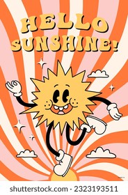 Groovy bright retro summer poster template. Happy sun jumping. Vintage vibe lettering, colorful characters and elements on retro background. Vector poster, card design in cool cartoon doodle style