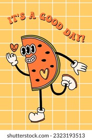 Groovy bright retro summer poster template. Happy watermelon. Good day. Vintage vibe lettering, colorful characters and elements on retro background. Vector card, cool cartoon doodle style design