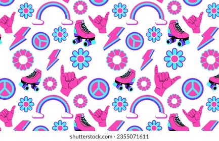 Groovy bright Vibes seamless pattern with Cartoon funky mushrooms, flowers, rainbow, vintage hippy bright style element. Fun hippie texture vector background  in trendy retro bright trippy y2k style.