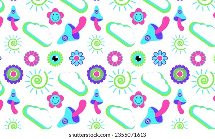 Groovy bright Vibes seamless pattern with Cartoon funky mushrooms, flowers, rainbow, vintage hippy bright style element. Fun hippie texture vector background  in trendy retro bright trippy y2k style.