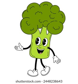 Groovy broccoli vegetable. Hand draw Funny Retro vintage trendy style vegetable cartoon character. Doodle Comic vector illustration