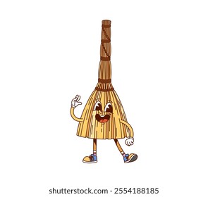 Groovy broom cleaning, washing and household tool cartoon character with confident smile. Isolated vector broomstick personage has expressive eyes, gloved hands and retro sneakers, ready for action