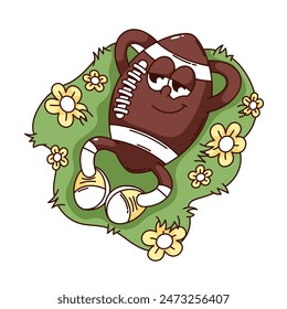 Groovy brown rugby ball cartoon character lying on green grass. Funny retro American football equipment on rest, goal in rugby match mascot, cartoon sticker of 70s 80s style vector illustration