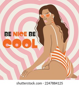 Groovy brown-haired Girl in a Swimsuit on geometric background. Female Retro character. Glamorous vector illustration Y2k.