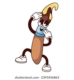 Groovy brush character vector illustration. Cartoon isolated retro sticker of brush with paint on tassel, paintbrush mascot for painting with expression of surprise on funny face, legs and arms