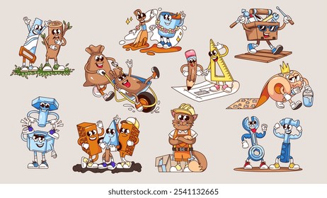 Groovy building materials and tools cartoon characters set. Funny retro building process stickers, construction and maintenance works mascots, cartoon collection of 70s 80s style vector illustration