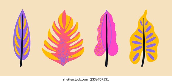 Groovy bundle abstract tropical leaves. Monsters and other jungle plants with texture and lines. Neon trippy poster. Vector illustration. 
