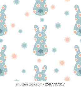 Groovy bunny seamless pattern. Retro Easter bunny pattern. Easter digital paper. Hand drawn vector pattern in flat style