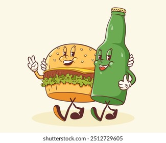 Groovy hamburguesa y cerveza ilustración de carácter retro. Dibujos animados Hamburguesa y botella Caminando Sonriente Vector Comida Mascota Plantilla Feliz Antiguas Cool Fast Food Manguera de goma Estilo Dibujo. Aislado