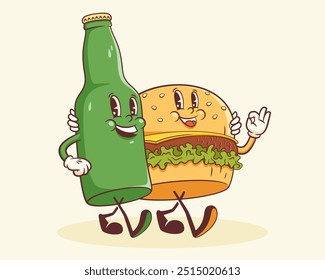 Groovy hamburguesa y cerveza ilustración de carácter retro. Dibujos animados Hamburguesa y botella Caminando Sonriente Vector Comida Mascota Plantilla Feliz Antiguas Cool Fast Food Manguera de goma Estilo Dibujo. Aislado