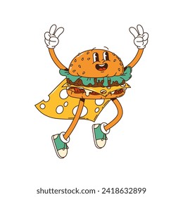 Caricatura de Burger Groovy, hamburguesa de queso hippie con cara feliz, comida rápida vectorial. Superhéroe de hamburguesa Groovy en manto de queso, hamburguesa de queso funky de caricatura saltando con gesto de los dedos de la paz