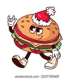 Groovy burger cartoon character in red Santa hat walking. Funny retro hamburger with rock horn gesture. Christmas fast food mascot, cartoon burger sticker of 70s 80s style vector illustration