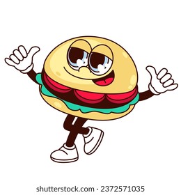 Groovy burger character vector illustration. Cartoon isolated retro happy hamburger sticker with cute comic trippy face, funny arms and legs walking, psychedelic funny burger emoji with meat and bun