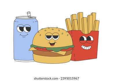 Groovy burger, french fries and soda. Cartoon characters in trendy retro style. Isolated vector illustration