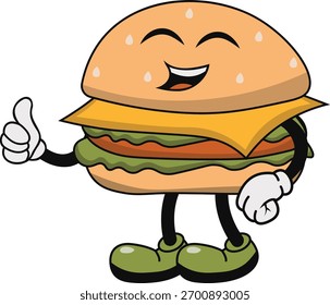 Groovy Burger Mascot Character. Vector Cartoon Illustration.