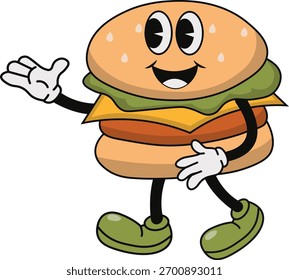 Groovy Burger Mascot Character. Vector Cartoon Illustration.