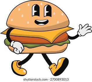 Personaje de la mascota Groovy Burger. Vector ilustración de dibujos animados.