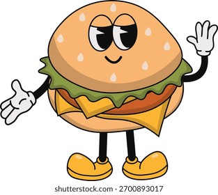 Groovy Burger Mascot Character. Vector Cartoon Illustration.