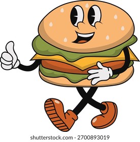Groovy Burger Mascot Character. Vector Cartoon Illustration.
