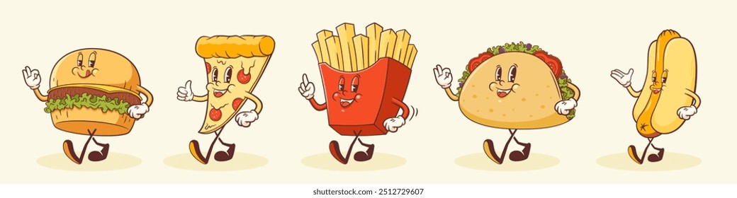 Groovy Burger, Pizza, Hotdog, Taco e French Fries Personagens Ilustração. Retro Cartoon Fast Food mascote caminhando sorrindo conjunto de vetor. Feliz Snacks Vintage mangueira de borracha estilo desenhos Coleção