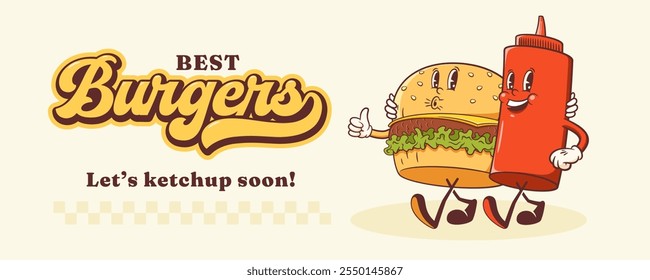 Groovy Burger Retro Character Illustration Banner. Cartoon Hamburger and Ketchup Bottle Walking Smiling Vector Food Mascot Template Happy Vintage Cool Fast Food Rubber Hose Style Drawing Isolated