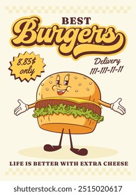 Groovy Burger Retro Character Poster. Cartoon Hamburger Walking and Smiling. Vector Fast Food Mascot Template. Happy Vintage Cool Illustration. Isolated