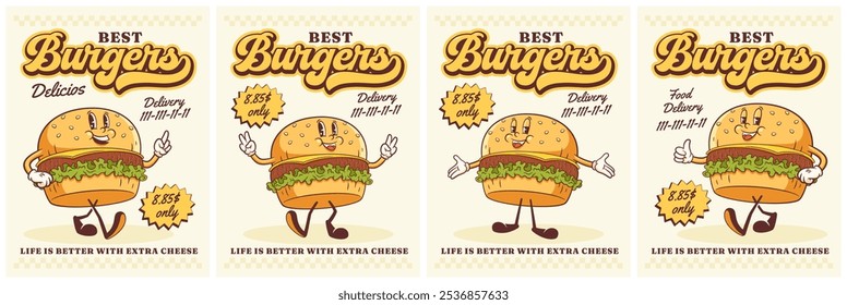 Groovy Burger Retro Character Posters Set. Cartoon Hamburger Walking and Smiling. Vector Fast Food Mascot Templates Advertising Collection. Happy Vintage Cool Illustration Isolated