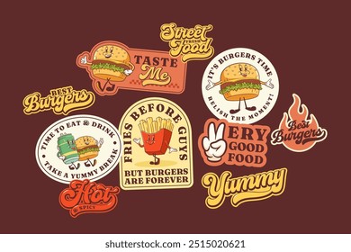 Conjunto de pegatinas de carácter retro Groovy Burger. Hamburguesa de dibujos animados, patatas fritas, cerveza caminando y sonriendo. Colección de parches de Plantillas de mascotas de comida callejera de Vector. Ilustraciones de comida rápida de Antiguas. Aislado