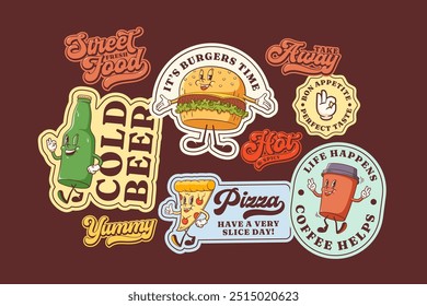 Conjunto de pegatinas de carácter retro Groovy Burger. Hamburguesa de dibujos animados, pizza, café, cerveza caminando y sonriendo. Colección de parches de Plantillas de mascotas de comida callejera de Vector. Ilustraciones de comida rápida de Antiguas aisladas