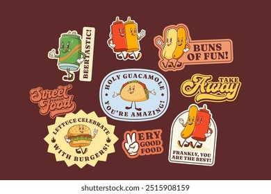 Groovy Burger Retro Character Stickers Set. Cartoon Hamburger, Hot Dog, Taco, Beer, Sausage and Ketchup. Vector Street Food Mascot Templates Patches Collection Vintage Fast Food Illustrations Isolated