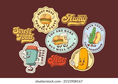 Conjunto de pegatinas de carácter retro Groovy Burger. Hamburguesa de dibujos animados, pizza, café, cerveza caminando y sonriendo. Colección de parches de Plantillas de mascotas de comida callejera de Vector. Ilustraciones de comida rápida de Antiguas aisladas