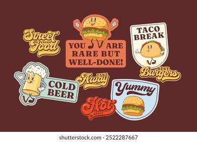 Conjunto de pegatinas de carácter retro Groovy Burger. Etiquetas de Hamburguesa, Taco y Cerveza. Colección de parches de Plantillas de mascotas de comida callejera de Vector. Ilustraciones y tipografía de comida rápida de Antiguas aisladas