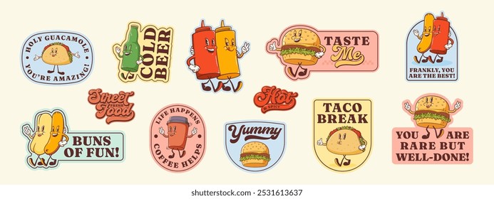 Groovy Burger Retro Caracter Adesivos Set. Hambúrguer de Desenho Animado, Taco, Café, Cachorro-Quente e Cerveja Sorrindo. Vetor Street Food Mascot Templates Patches Collection. Ilustrações de Fast food vintage isoladas