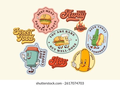 Groovy Burger Retro Character Stickers Set. Cartoon Hamburger, Hotdog, Coffee, Beer Walking and Smiling. Vector Street Food Mascot Templates Patches Collection Vintage Fast Food Illustrations Isolated