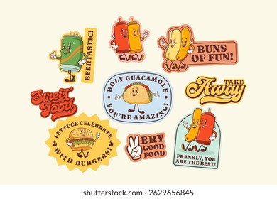 Groovy Burger Retro Character Stickers Set. Cartoon Hamburger, Hotdog, Coffee, Beer Walking and Smiling. Vector Street Food Mascot Templates Patches Collection Vintage Fast Food Illustrations Isolated