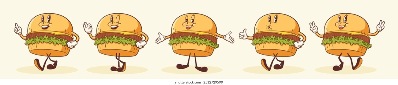 Groovy Burger Retro-Zeichen gesetzt. Cartoon Hamburger Essen Gehen und Lächeln. Vector Fast Food Maskottchen Vorlagen Sammlung. Happy Vintage Fast Food Coole Illustrationen. Einzeln