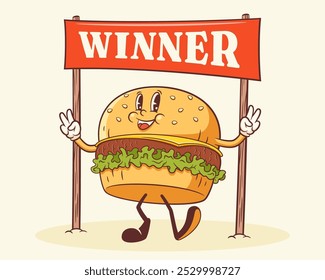 Groovy Burger Winner Retro Character Label. Cartoon Hamburger Smiling under Finish Line Banner Vector Food Mascot Logo Template. Happy Vintage Cool Fast Food Illustration with Typography Isolated