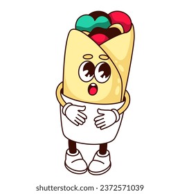 Groovy burrito character vector illustration. Cartoon isolated psychedelic mascot of Mexican food with surprise and shock expression on funny burrito face, arms and legs, meat in tortilla wrap