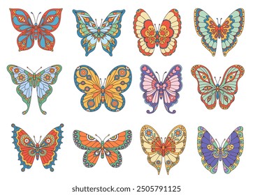 Groovy butterflies with ornament wings in 70s hippie art, vector decoration. Groovy butterfly in retro cartoon design, monarch or machaon moth with funky colorful floral pattern ornament on wings