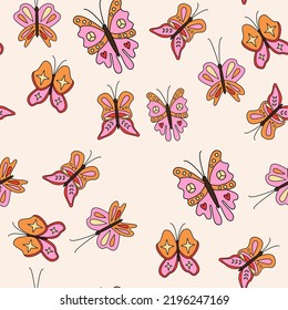 Groovy butterflies and stars seamless pattern. 1970 vibes retro pattern with butterfly. Groovy seamless background