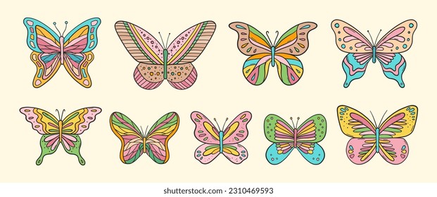 Groovy butterflies vector set. Hippie floral elements. 70s groovy hippie nature clipart. Retro groovy stickers. Psychedelic funky 60s 70s doodles. Set of retro cartoon flower stickers.