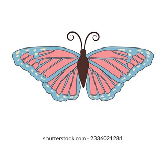 Groovy butterfly. Boho Summer retro colours butterfly icon. Hippie psychedelic element.
