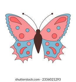 Groovy butterfly. Boho Summer retro colours butterfly icon. Hippie psychedelic element.