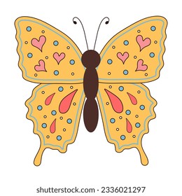 Groovy butterfly. Boho Summer retro colours butterfly icon. Hippie psychedelic element.