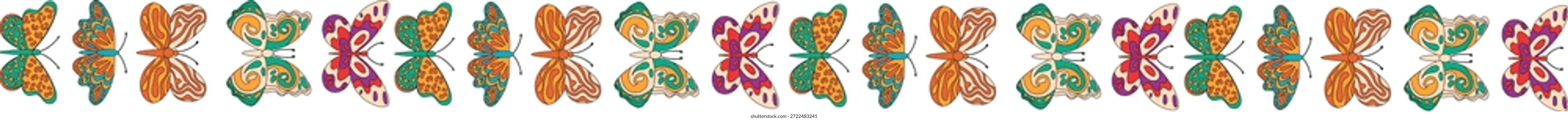 Borda de borboleta Groovy com padrão retro e elementos de flor retro funky. Forma de borboleta gráfica colorida traz estilo divertido para fundos modernos e design de papel de parede.