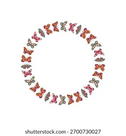 Groovy butterfly border in retro style and circle pattern. Colorful frame combines funky y2k shapes with a vibrant graphic. Playful and modern, ideal for nature or spring inspired themes.
