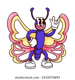 Groovy butterfly cartoon character with horns gesture of rock festival. Funny retro mascot with wings and antennae, legs and arms. Funky butterfly cartoon sticker of 60s 70s style vector illustration