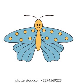 Groovy butterfly character. Retro hippie psychedelic clipart.